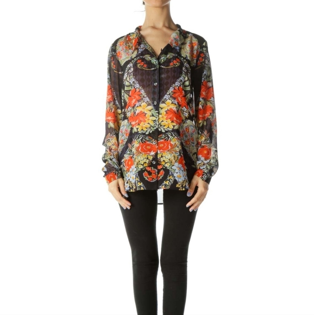 Cabi Amour Floral Print Semi Sheer Blouse Size Small